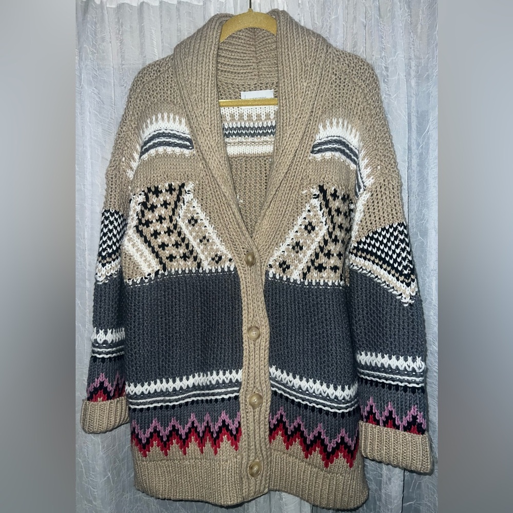 Lucky Brand Tribal Aztec Print Cardigan Chunky Sweater Wool Blend Women’s Large - Picture 3 of 6